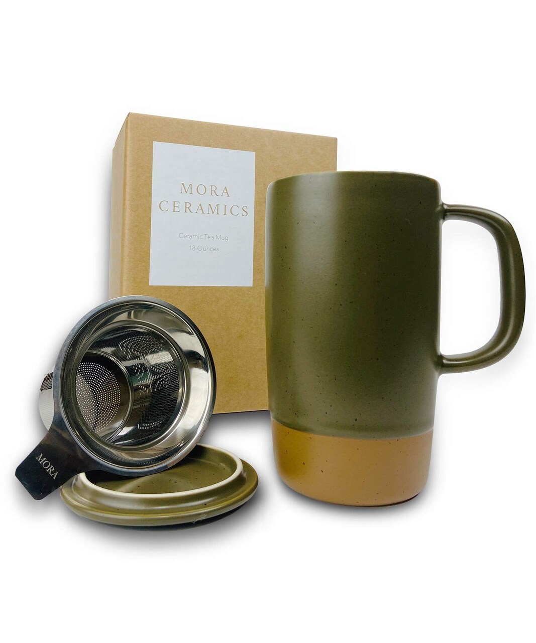 Ceramics Large Tea Mug with Loose Leaf Infuser and Ceramic Lid, 18 oz, Portable, Microwave and Dishwasher Safe, Tall Coffee Cup - Rustic Matte Ceramic Glaze, Modern Herbal Tea Strainer, Olive